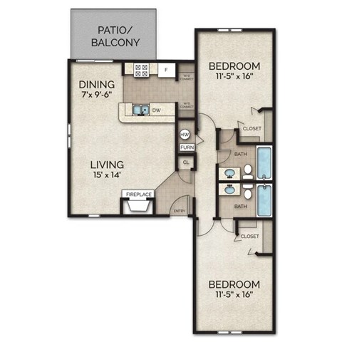 C2d Floor Plan | 1,042 Sq. Ft. at Camden Place, Dublin, OH, 43016