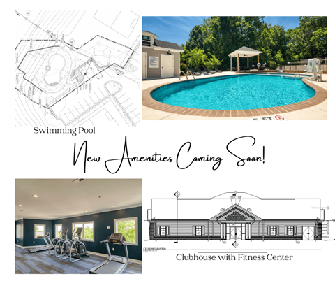 a collage of pictures of a swimming pool and a house