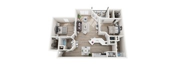 A top-down view of a modern apartment layout with a kitchen, living room, and bedrooms.