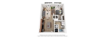 A 3D floor plan of a small apartment with a living room, kitchen, and bedroom.