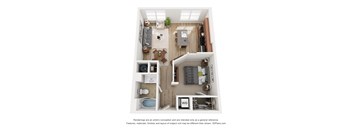 A floor plan of a small apartment with a kitchen, living room, and bathroom.