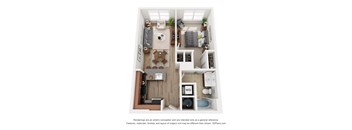 A floor plan of a small apartment with a kitchen, living room, and bathroom.