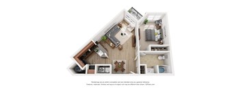 A 3D floor plan of a house with a kitchen, living room, and bathroom.