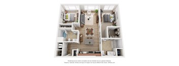 A 3D floor plan of a house with a kitchen, living room, and two bedrooms.