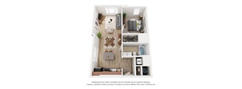 A 3D floor plan of a small apartment with a kitchen, living room, and bathroom.