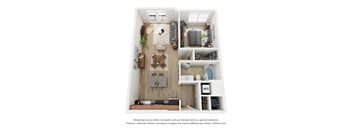 A 3D floor plan of a small apartment with a living room, kitchen, and bedroom.