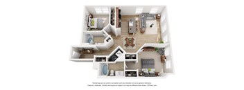 A 3D floor plan of a house with a kitchen, living room, and bathrooms.