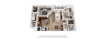 A 3D floor plan of a small apartment with a kitchen, living room, and bathroom.