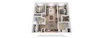A 3D floor plan of a house with a kitchen, living room, and two bedrooms.