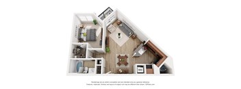 A 3D floor plan of a small apartment with a kitchen, living room, and bedroom.