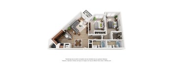 A 3D floor plan of a house with a kitchen, living room, and bathrooms.