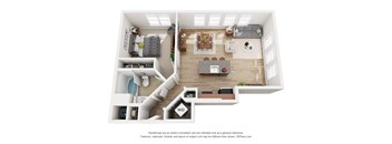 A 3D floor plan of a small apartment with a kitchen, living room, and bedroom.