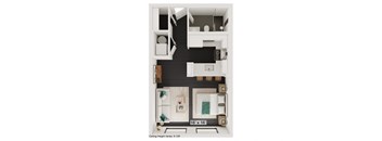 a bedroom with a bed and a chair in a small room