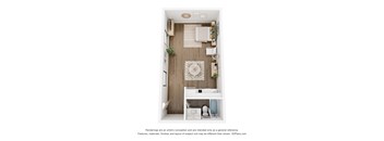 A 3D floor plan of a small apartment with a kitchen, living room, and bathroom.