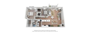 A 3D floor plan of a house with a kitchen, living room, and two bedrooms.