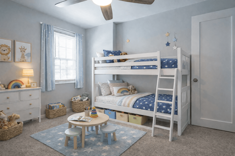 A cozy bedroom with a bunk bed and a dresser.