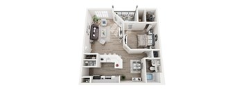 A top-down view of a small apartment with a kitchen, living room, and bathroom.
