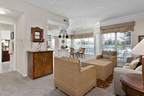 A living room with a brown chair and a brown cabinet.