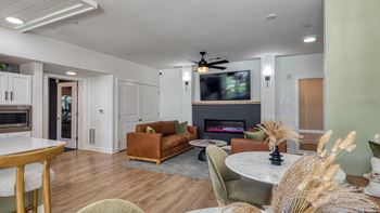 A living room with a fireplace and a television.