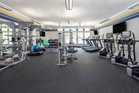 A spacious gym with various exercise equipment and a blue exercise ball.