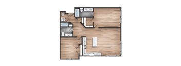 A floor plan of a house with a kitchen, living room, and two bathrooms.