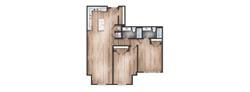 A floor plan of a house with a kitchen, living room, and bathrooms.