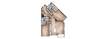 A top-down view of a house with a kitchen, living room, and bedrooms.