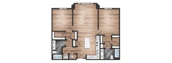 A top-down view of a house floor plan with a kitchen, living room, and bathrooms.
