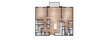 A top-down view of a modern apartment layout with a kitchen, living room, and bathroom.