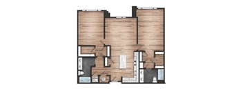 A floor plan of a house with a kitchen, living room, and bathrooms.