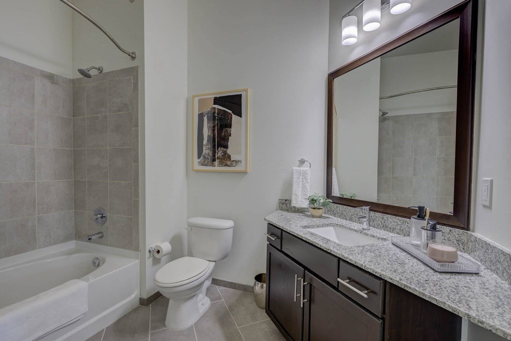 Bathroom With Vanity Lights at The Lincoln Apartments, Raleigh, 27601
