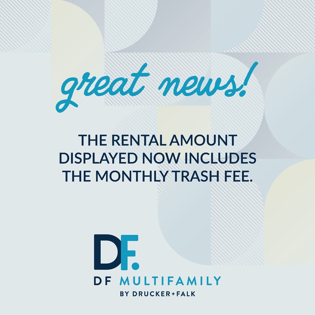 A poster announces that the rental amount now includes the monthly trash fee.