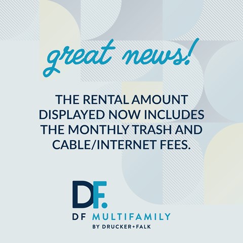 A poster announces that the rental amount now includes trash and cable/internet fees.
