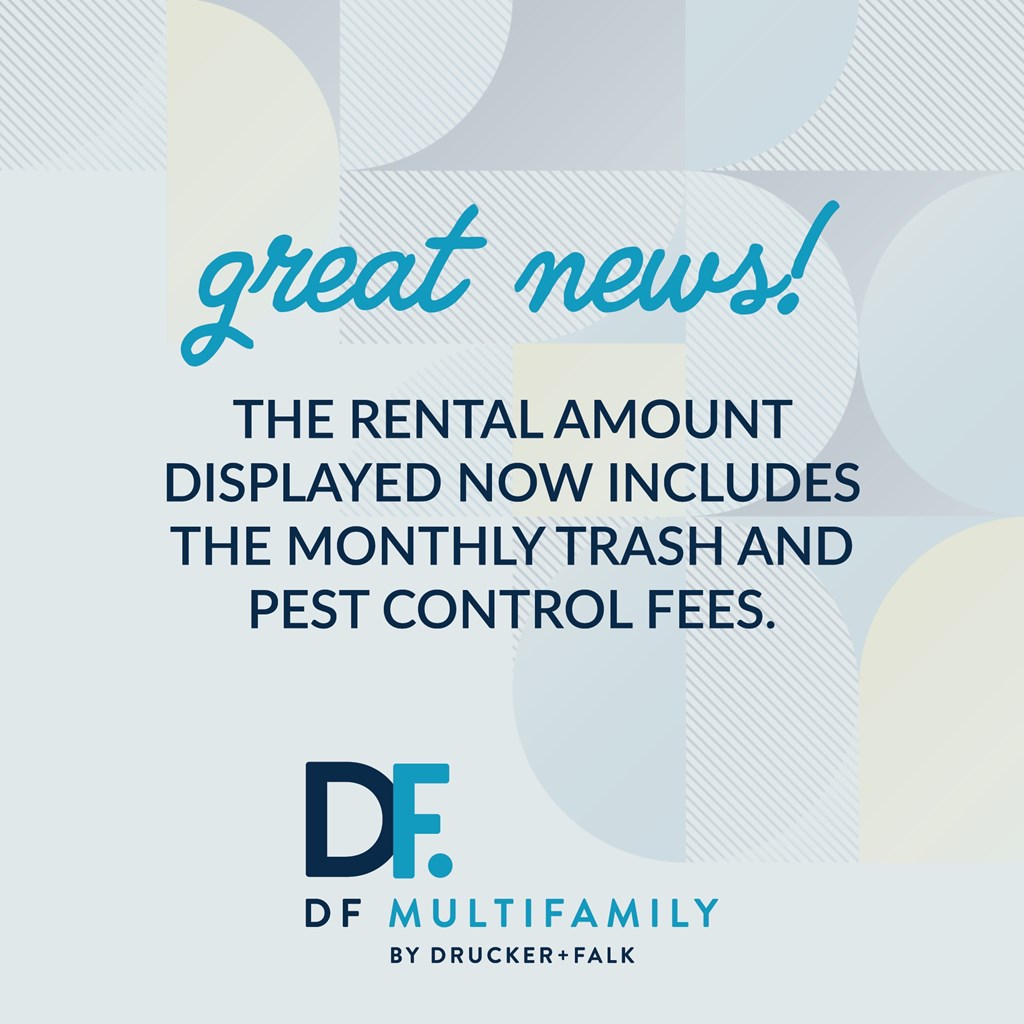 A poster announces that the rental amount now includes trash and pest control fees.