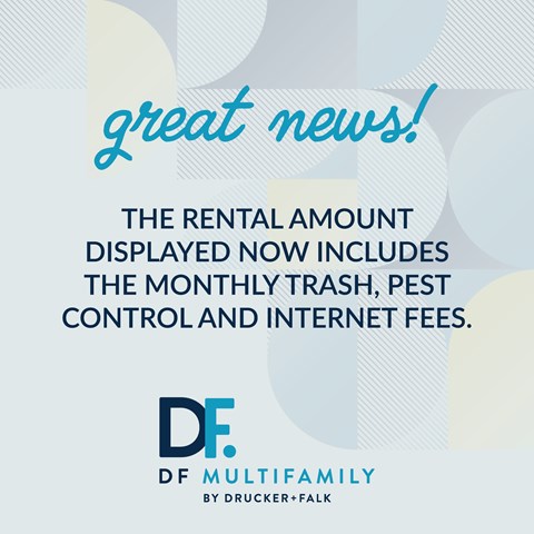 A poster announces that the rental amount now includes trash, pest control, and internet fees.