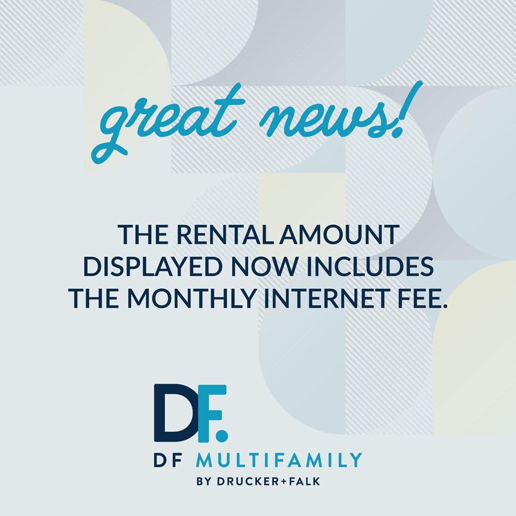 A poster announces that the rental amount now includes the monthly internet fee.