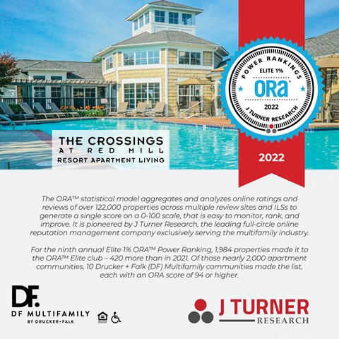 A poster for The Crossings at Red Mill Resort Apartment Living.