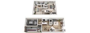 A floor plan of a two-story home with a garage and a living room.
