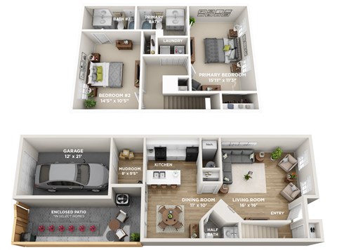 A floor plan of a two-bedroom apartment with a garage.