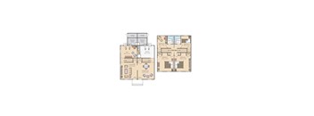 A floor plan of a house with two bedrooms and a living area.