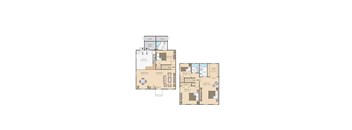 A floor plan of a two bedroom apartment with a living room, dining room, kitchen, and storage space.