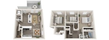 Two floor plans of a house with a living room, kitchen, and bedrooms.