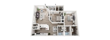 A top-down view of a modern, white-walled apartment with a kitchen, living room, and bedrooms.