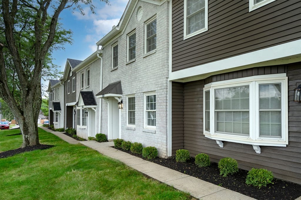 A row of houses with white windows and brown siding.