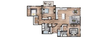 A floor plan of a house with a kitchen, living room, and bathroom.