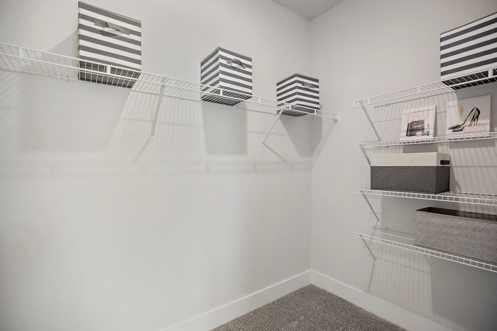 a walk in closet with white walls and shelves and a mirrored closet door at Ellis Station, Durham, North Carolina