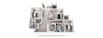 A 3D floor plan of a house with multiple rooms and furniture.