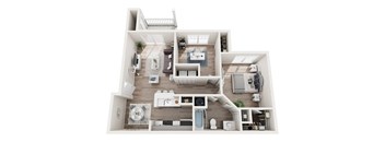A top-down view of a modern apartment layout.