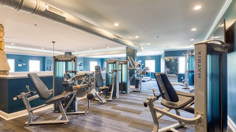 a gym with cardio machines and weights on a wooden floor