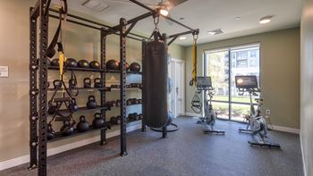 A gym with a punching bag, weights, and exercise bikes.